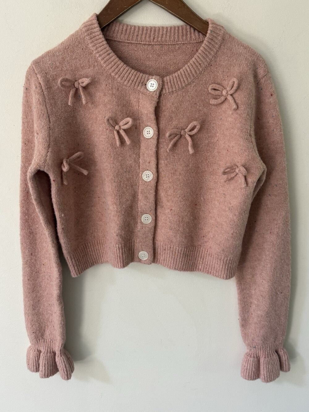 Cider Womens Bow Sweater Size XS Pink Long Sleeve Cropped Button Front Preppy